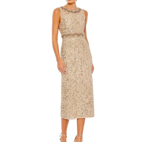 Mac Duggal Gold Sequin Rhinestone Beaded Cocktail Midi Dress
